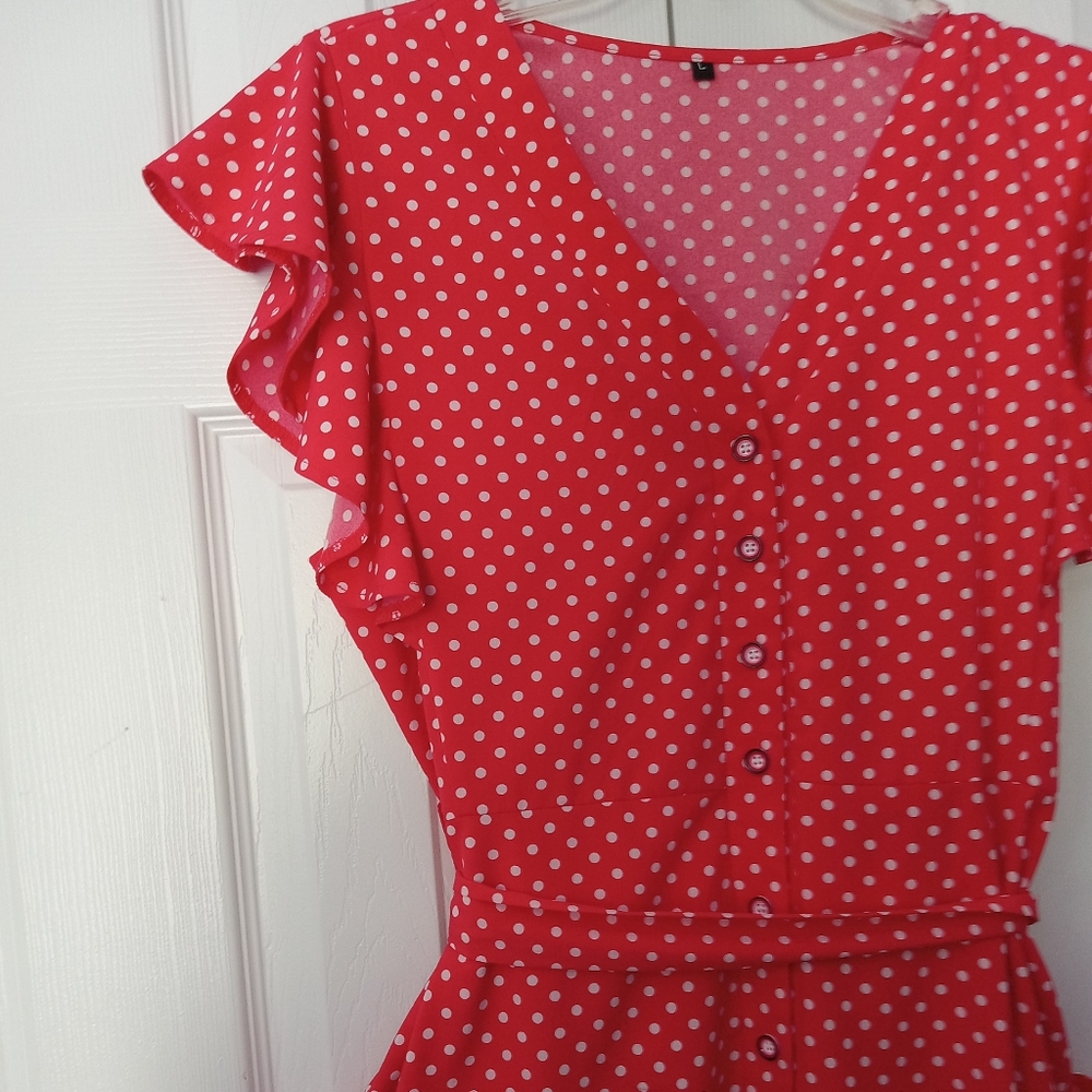 Polka Dot Dress Red A Line Button Up V Neck Midi Ties Large - Picture 2 of 8